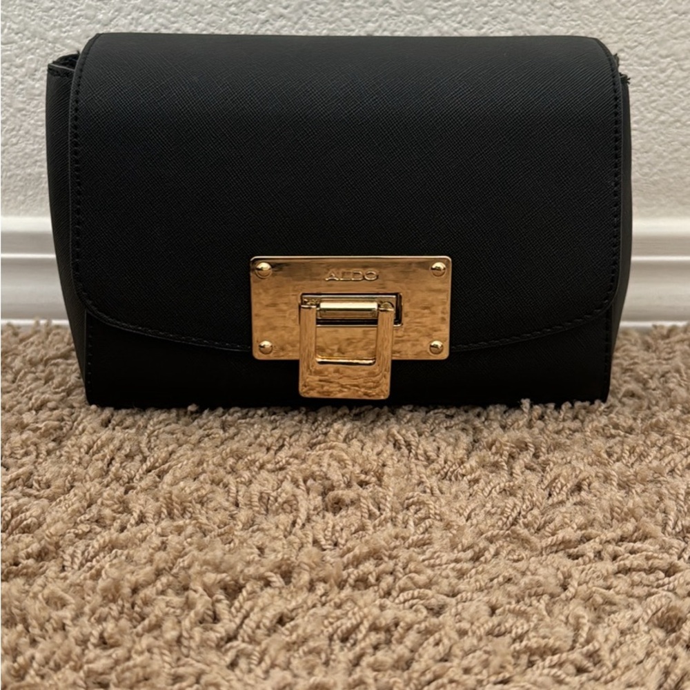 Aldo Elegant Black Clutch with Gold Hardware